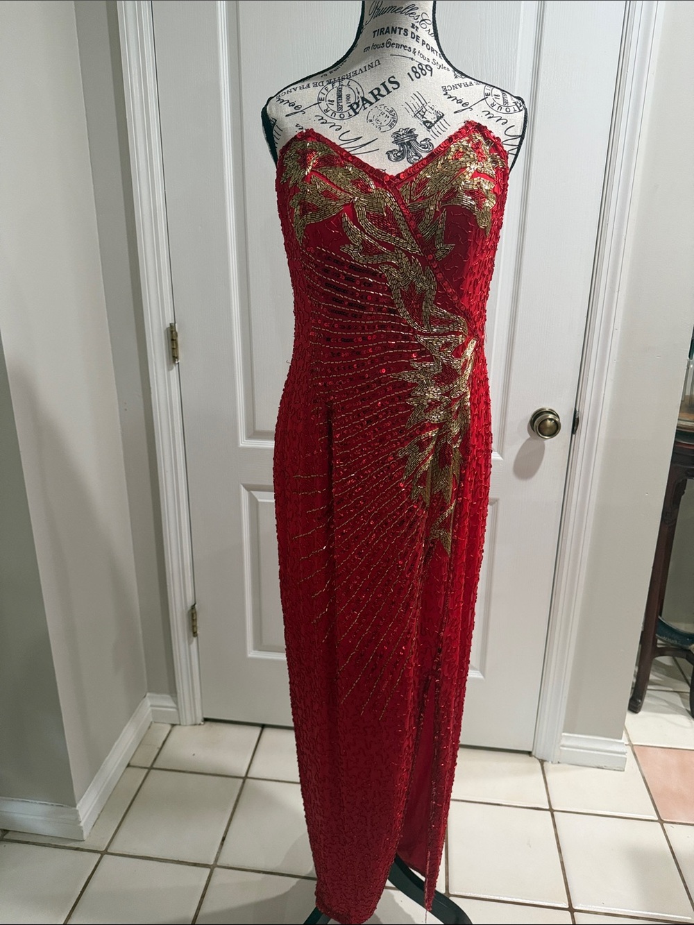 VTG 90s Nite Line for I. Magnin Heavily Beaded Red & Gold Silk Gown - Size 12